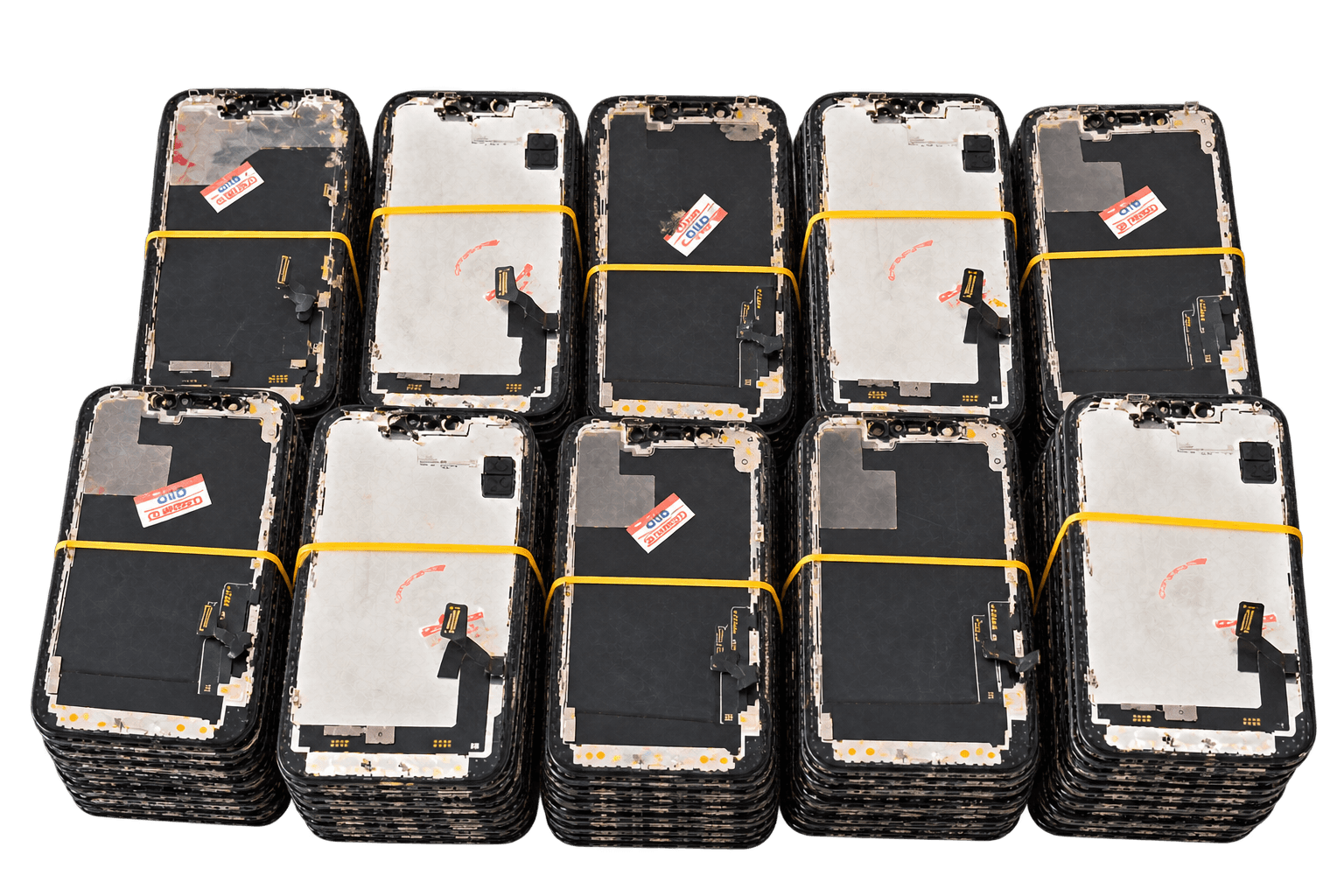 Edited photo composition of closely overlapping stacks of worn screen assemblies held with rubber bands, facing up the page.